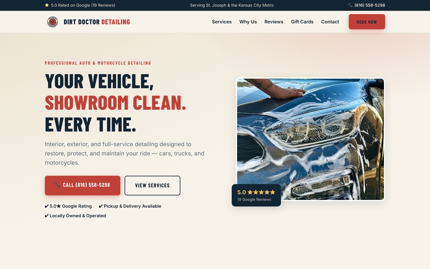 Screenshot of the Dirt Doctor Detailing website