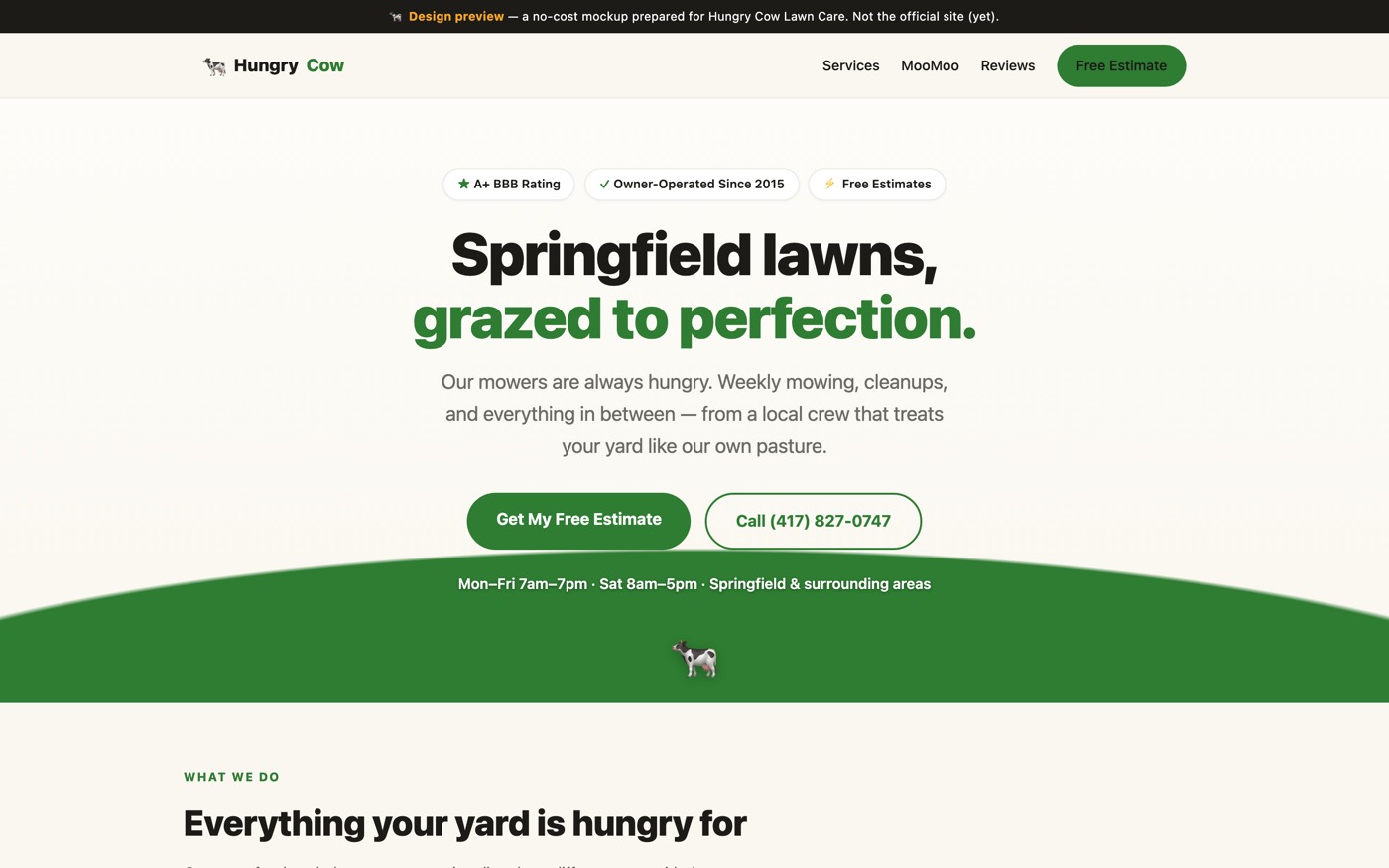 Screenshot of the Hungry Cow Lawn Care website