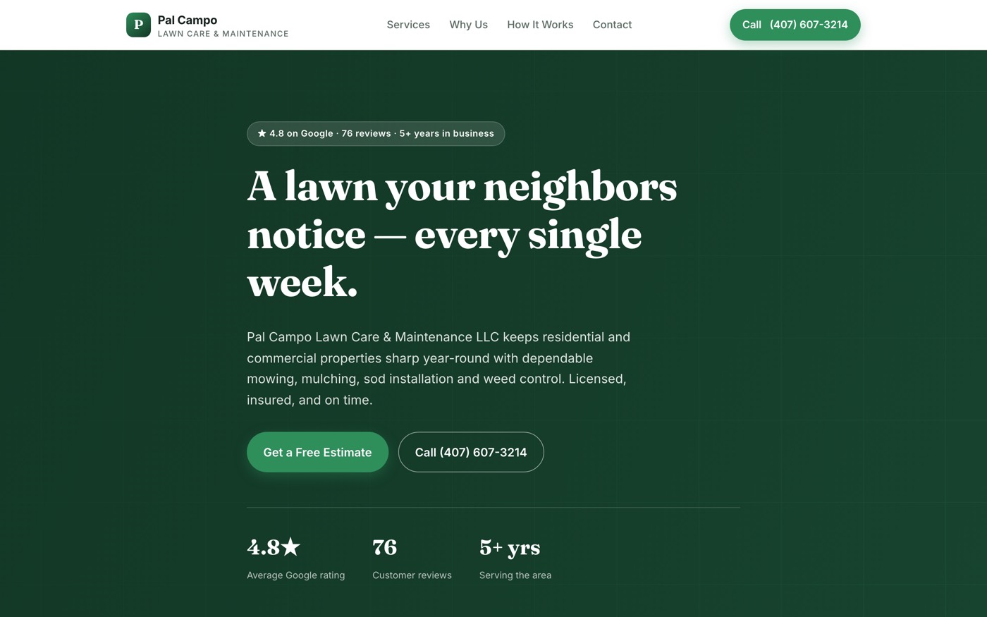 Screenshot of the Pal Campo Lawn Care website